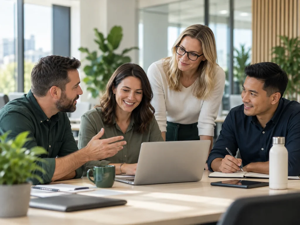 Four colleagues collaborating around a laptop in a bright office.