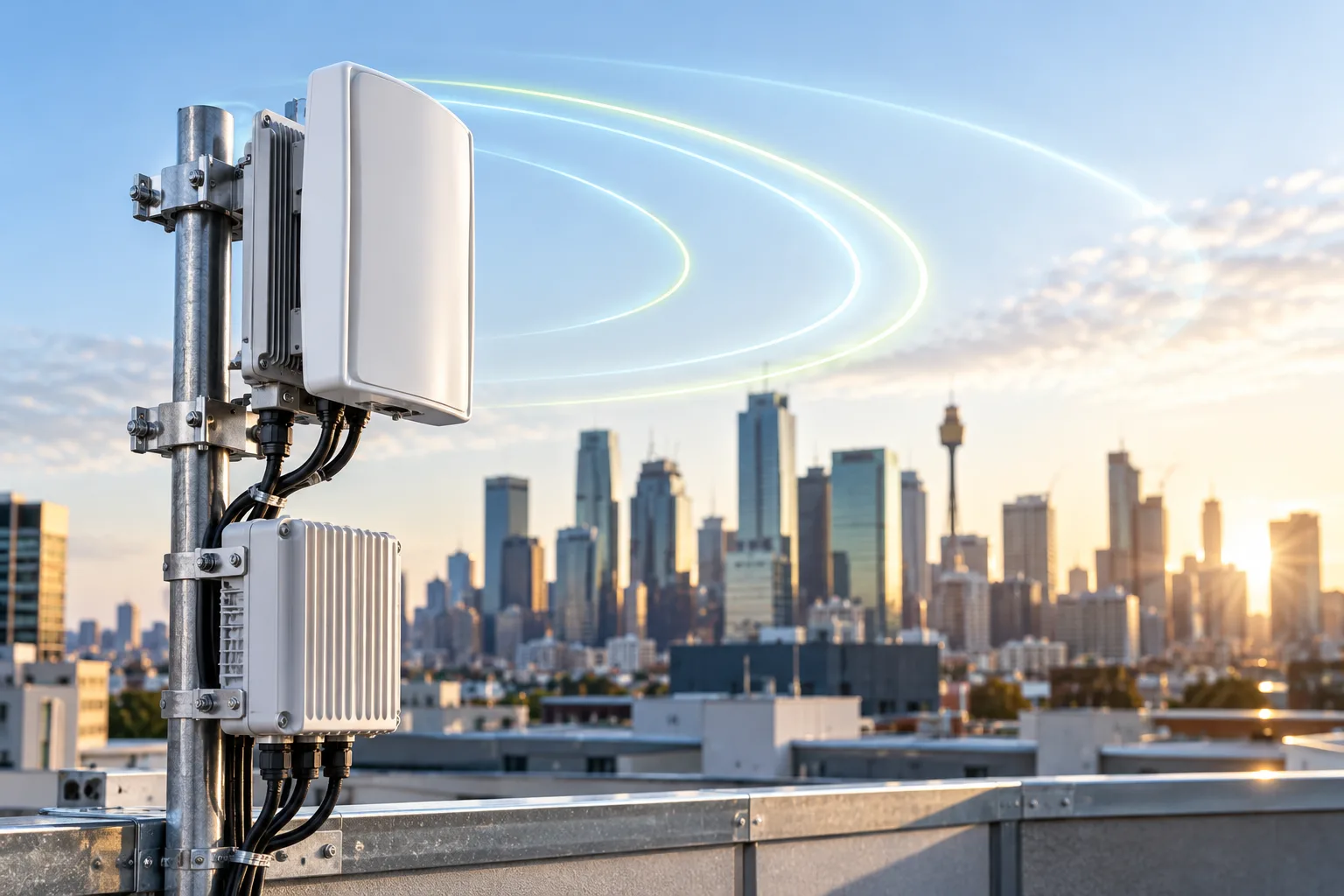 A 5G antenna and wireless unit mounted on a rooftop above the city.