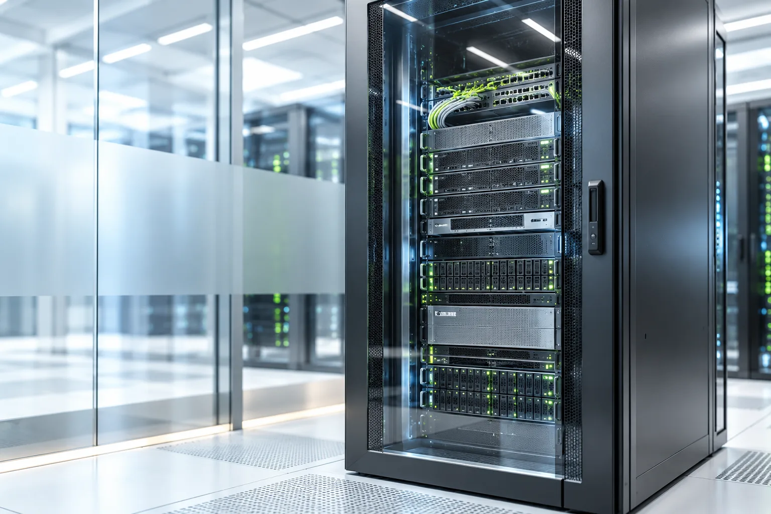 A secure server cabinet in a bright data centre.