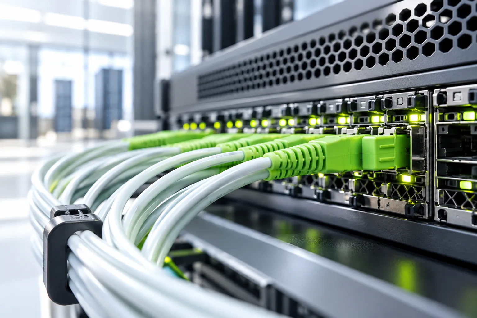 Green fibre patch cables connected to a rack-mounted network switch.