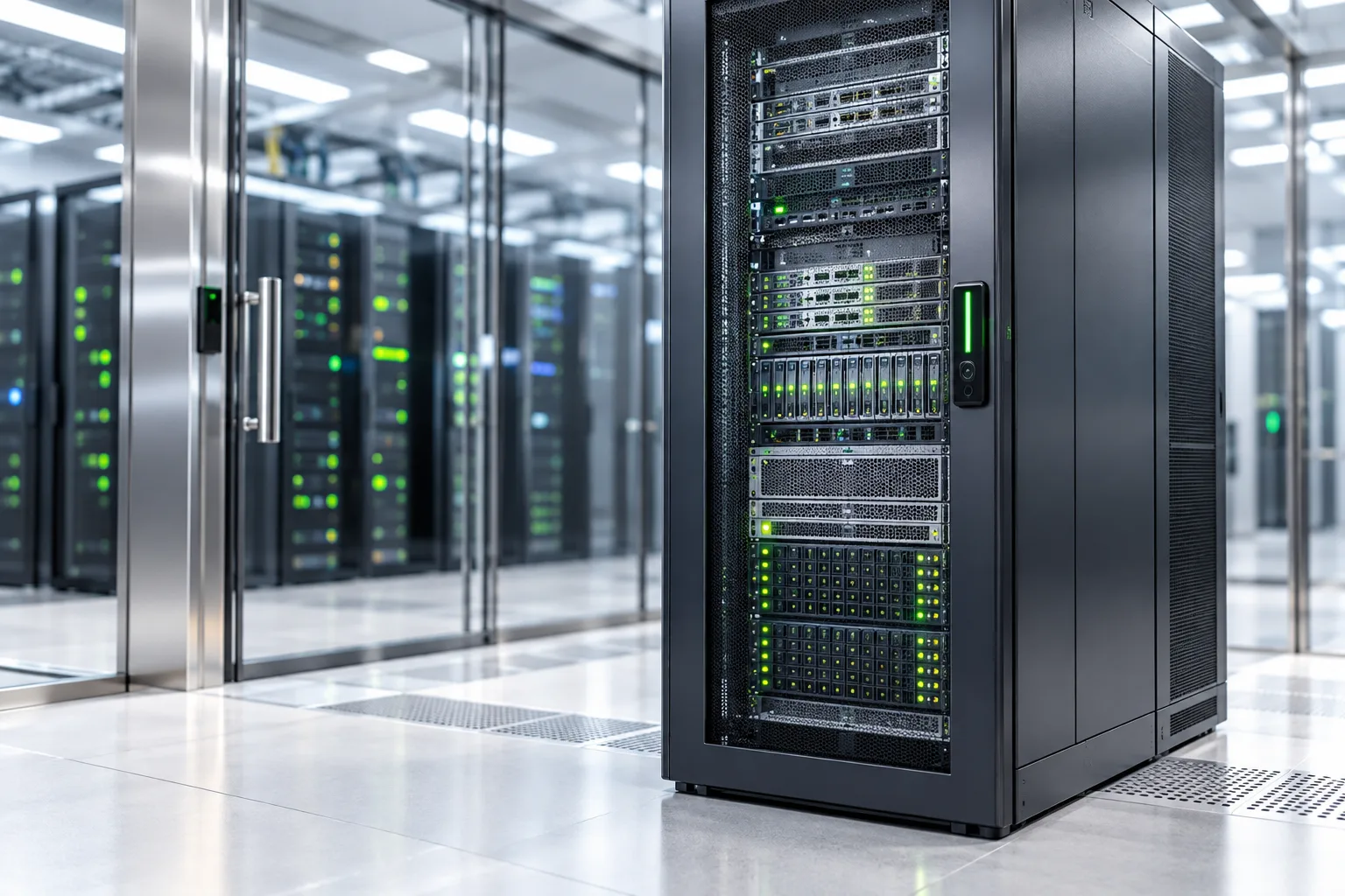 A locked server rack in a private data centre suite.
