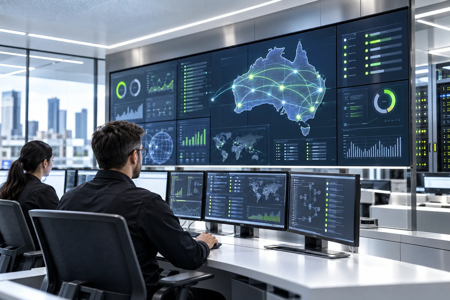 Network engineers monitoring a map of Australia in an operations centre.