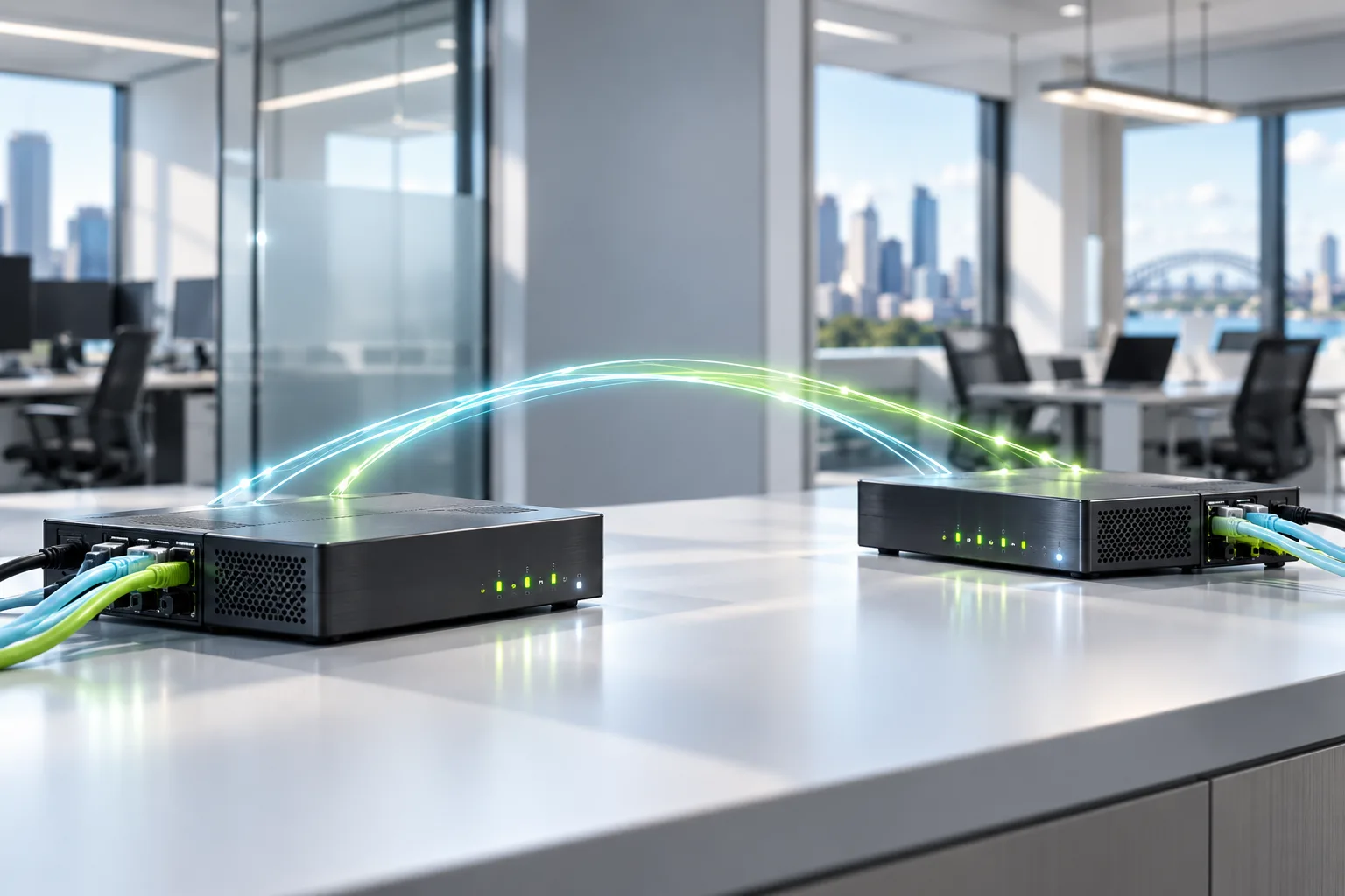 Two network devices linked across an office, representing a software-defined network.