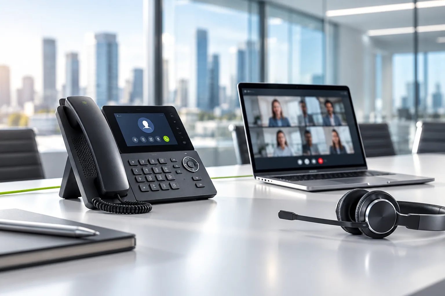 A business desk phone, headset and laptop video call on an office desk.