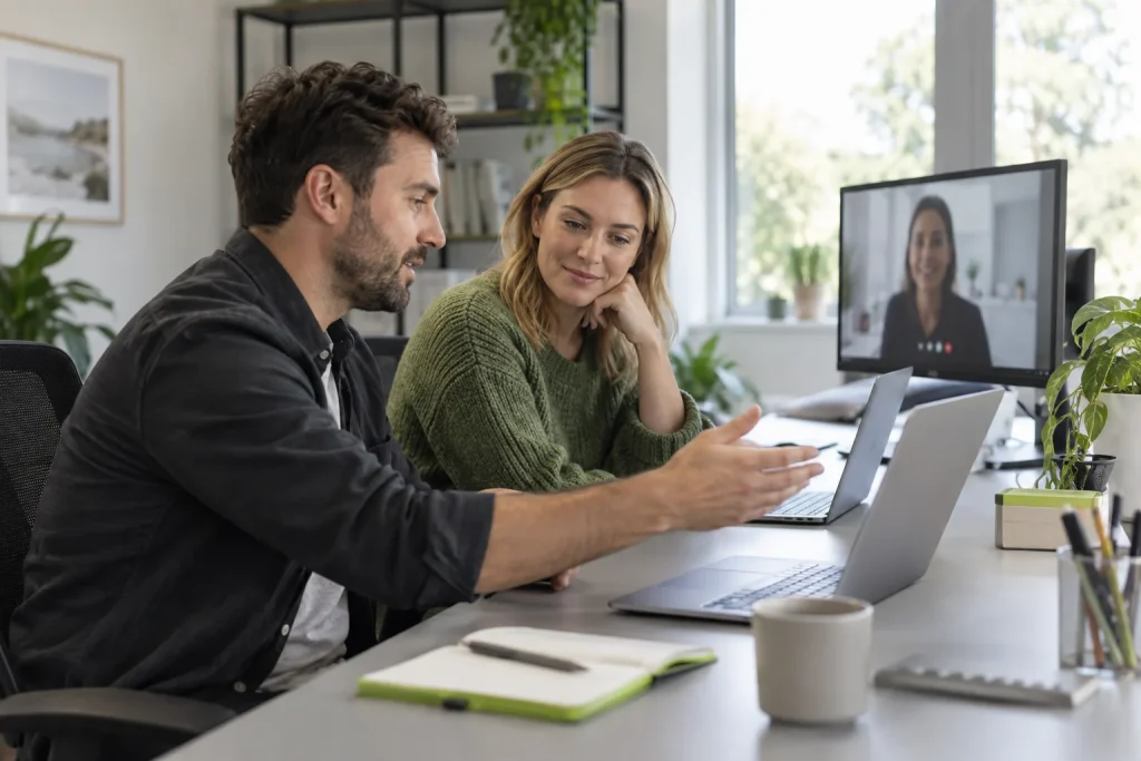 Colleagues using laptops and video collaboration in a shared office.