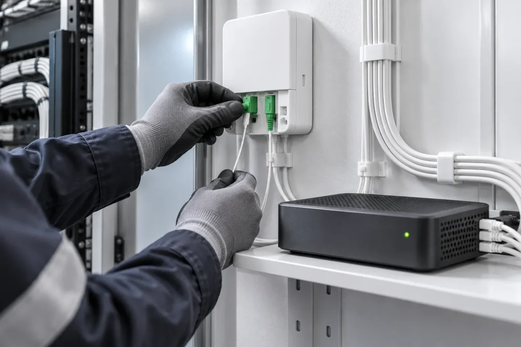 A technician connecting fibre cables to a network box beside a business router.