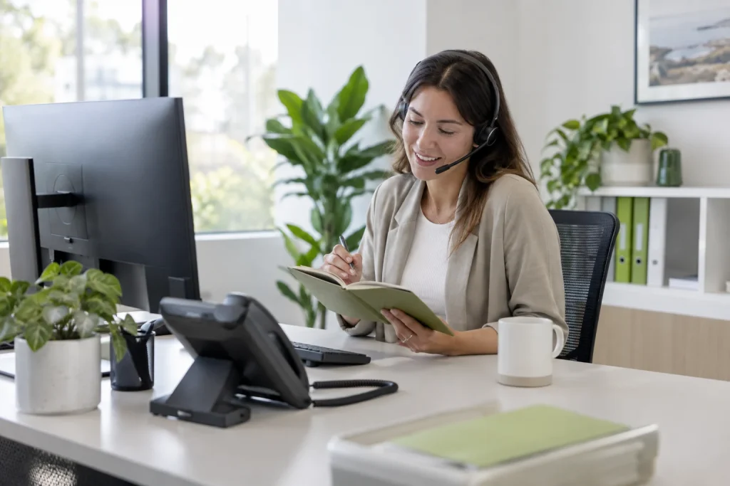 Business professional taking a call at a bright office workstation.