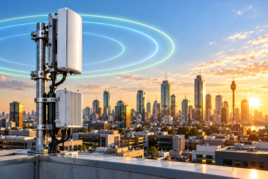 A rooftop 5G antenna above the city skyline at sunset.