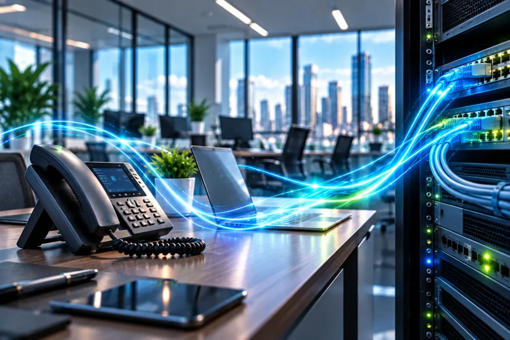 A desk phone and laptop linked by glowing Ethernet connections to a rack switch in a city office.