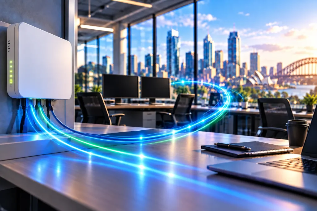 A wall-mounted NBN router connected to an office desk, with the Sydney skyline and Harbour Bridge behind.