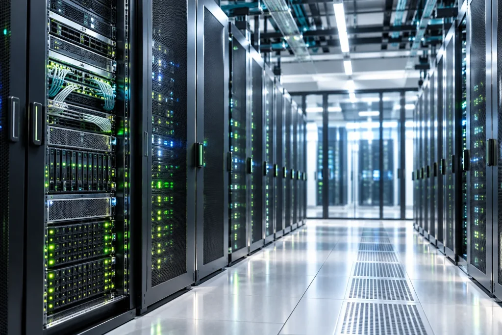 A bright data centre corridor lined with server cabinets.