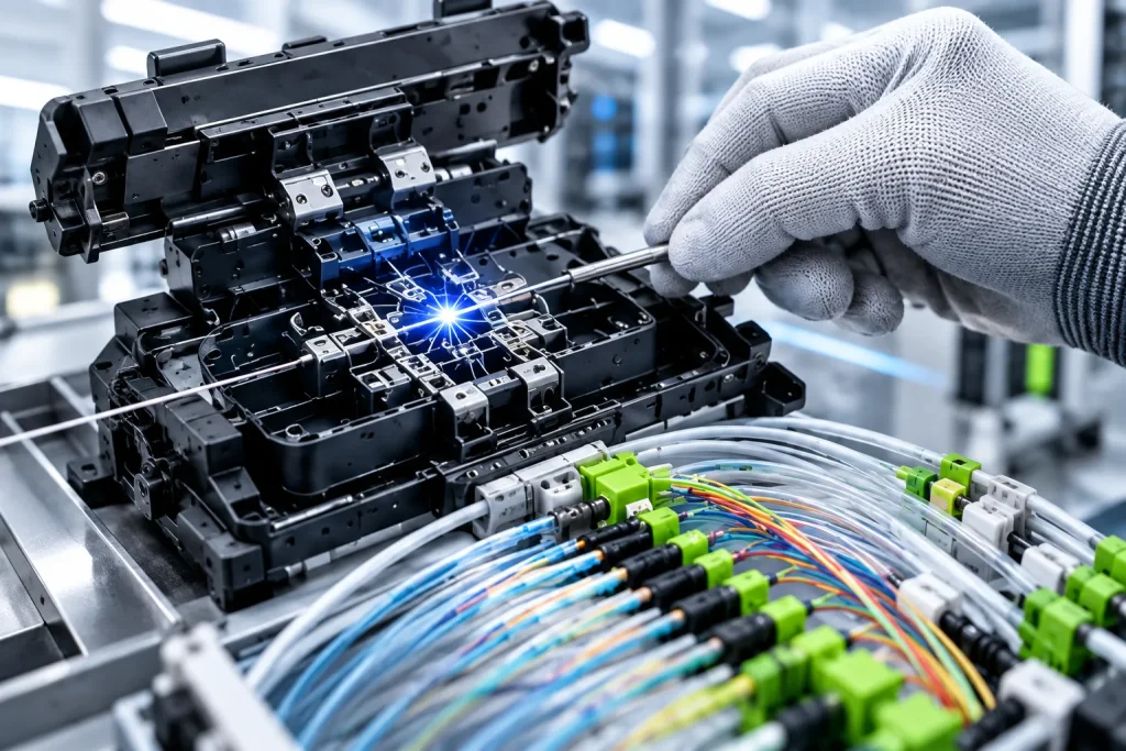 A technician splicing fibre-optic cables at a precision workstation.