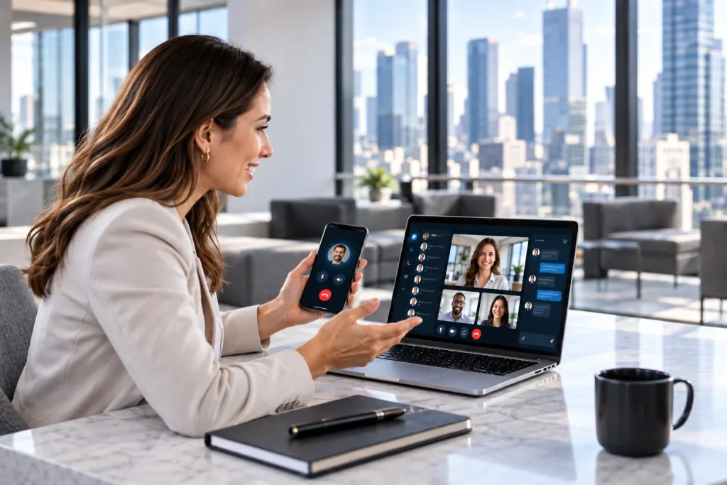 A professional taking a call on a smartphone beside a laptop video call.