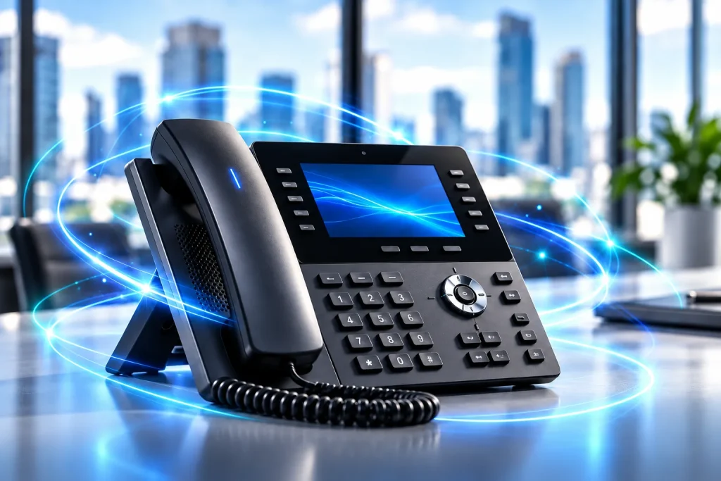 A business desk phone on an office desk, circled by glowing connection rings, with the city skyline behind.