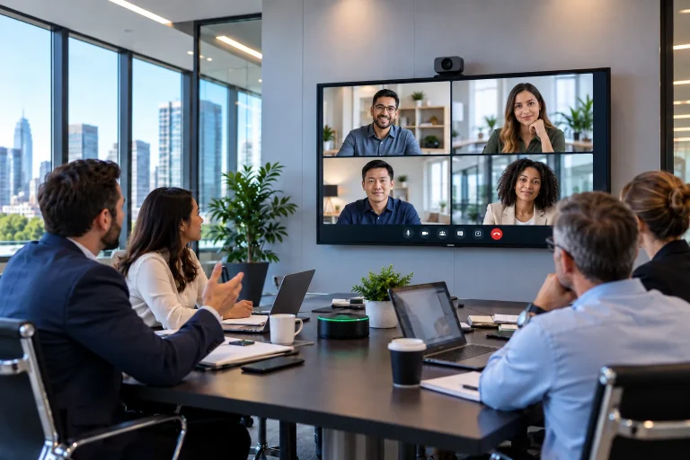 A hybrid meeting room with remote colleagues on a video call screen.