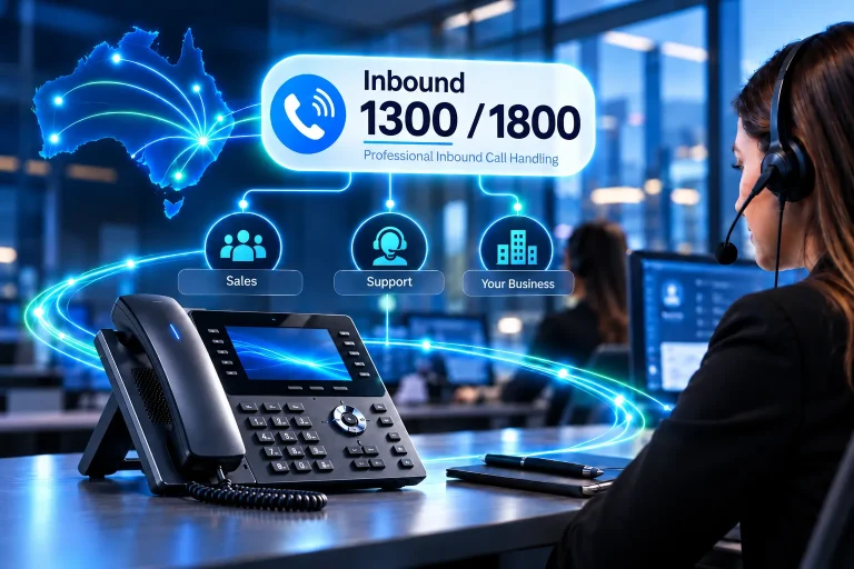 An inbound 1300/1800 number routing calls from across Australia to sales, support and the business, beside a desk phone and an agent wearing a headset.