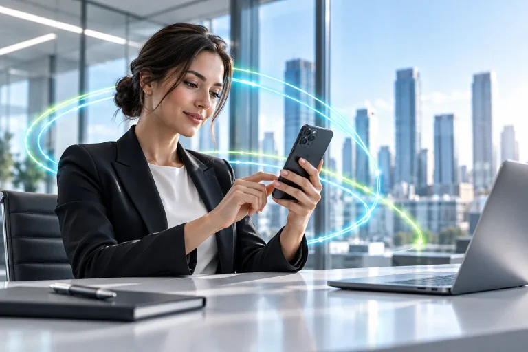 A business professional using a smartphone at an office desk.