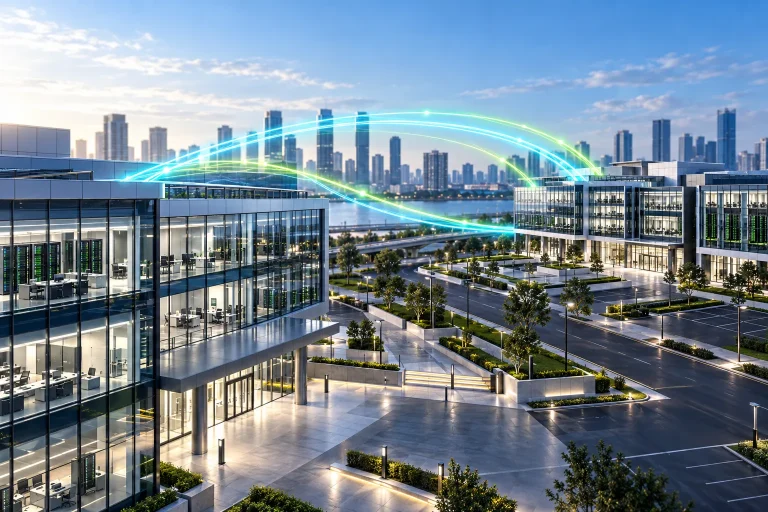 A business campus with light trails linking its buildings.