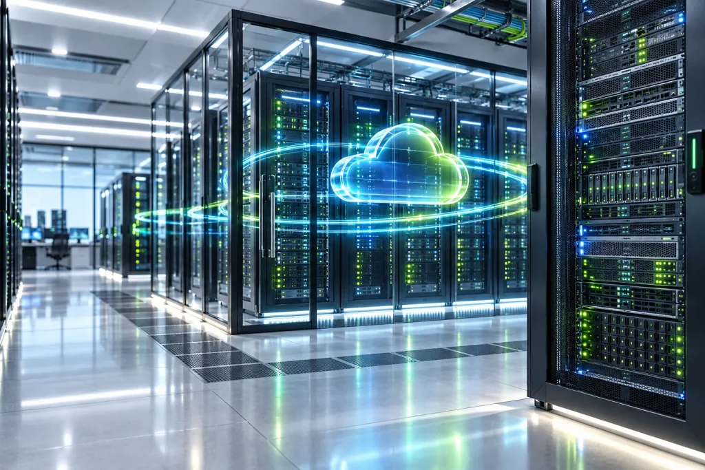 A private data centre with a cloud symbol among secure server racks.