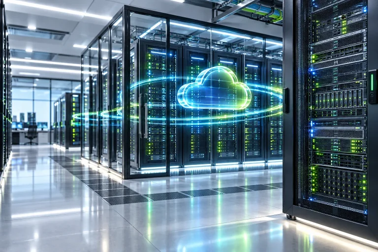 A private data centre with a cloud symbol among secure server racks.