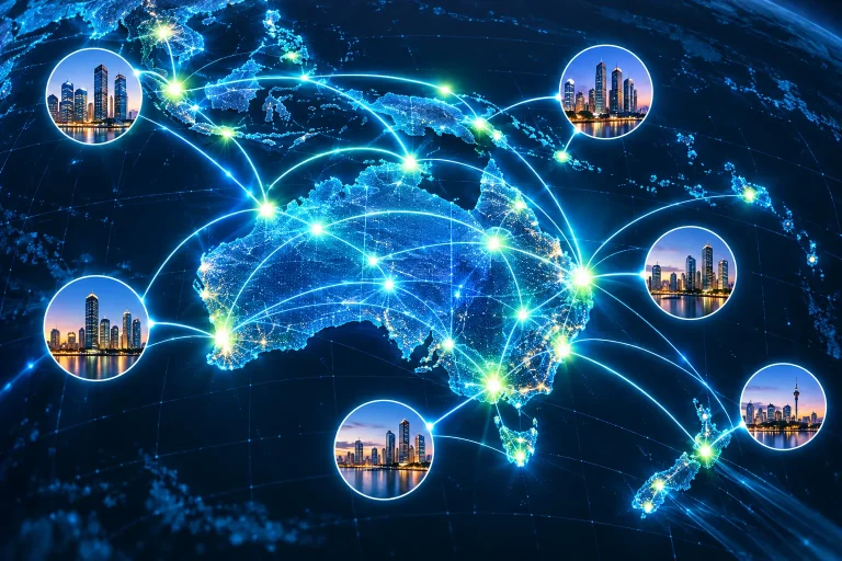 A map of Australia with glowing network links between capital cities.