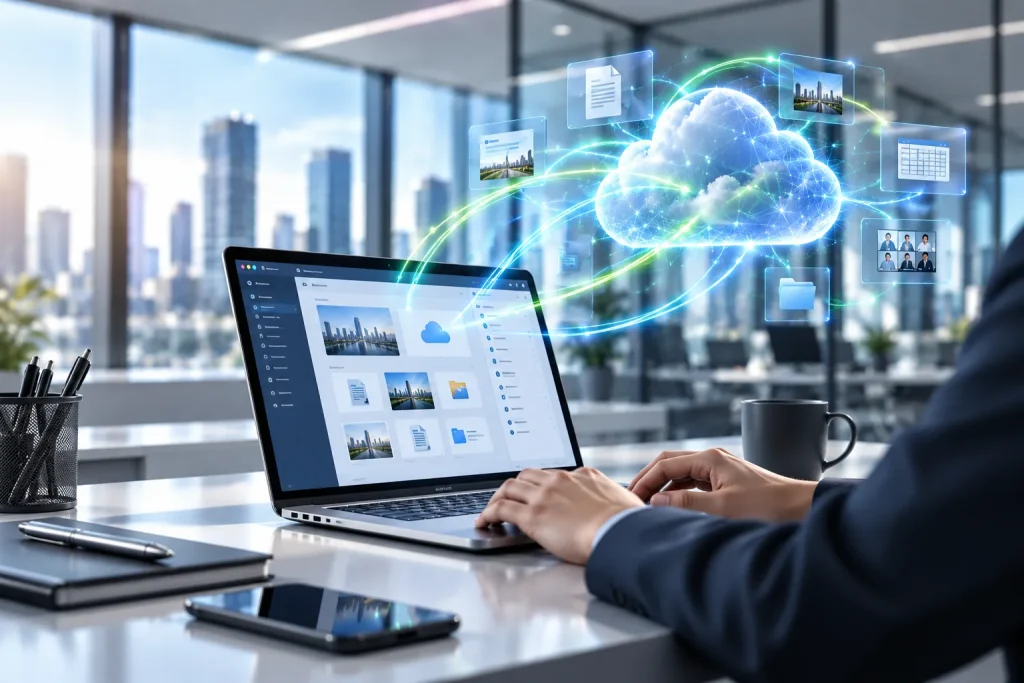 A laptop connected to cloud applications in an office above the city.
