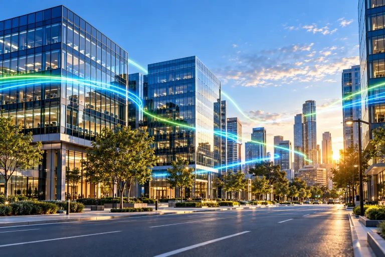 Light trails connecting office buildings across the city at sunset.
