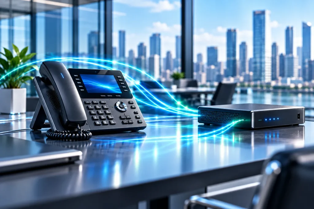 A business desk phone linked by glowing connections to a network gateway in a city office.