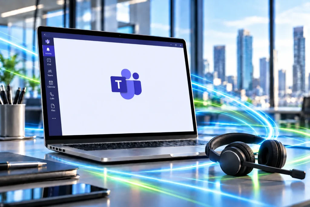 A laptop running Microsoft Teams beside a headset on an office desk.